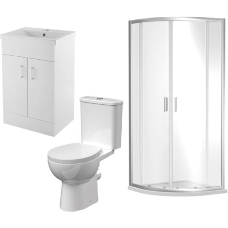 900mm Quadrant Shower Enclosure Suite with Shower Enclosure, Shower Tray, Waste, Vanity Basin Unit,Toilet and Seat - Chrome/White