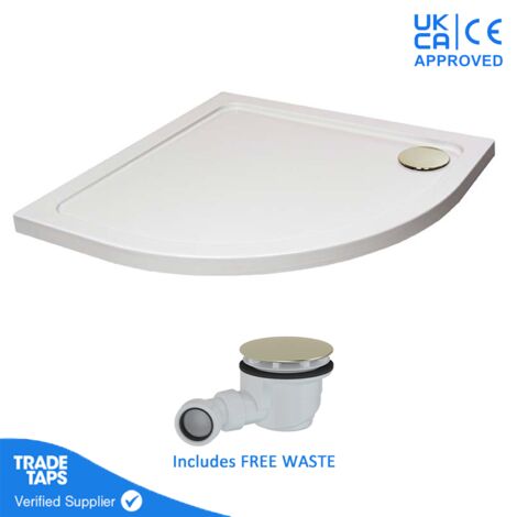 900mm White Quadrant 45mm Low Profile Shower Tray with Brushed Brass Waste