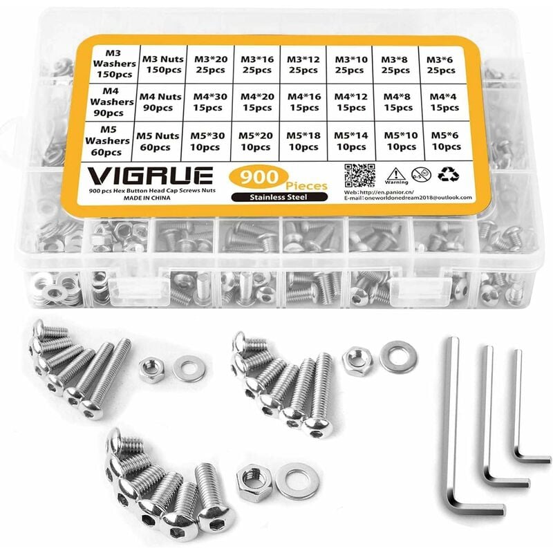 

900PCS M3 M4 M5 304 Acero inoxidable Botón hexagonal Cabeza de enchufe Pernos de cable Tornillos con surtido de tuercas