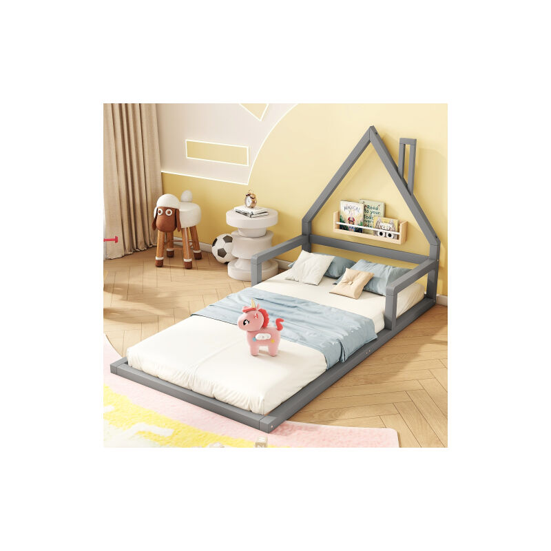 Ineasicer - 90200cm Lit d'enfant, lit plat, forme maison, pin massif, forme simple, gris