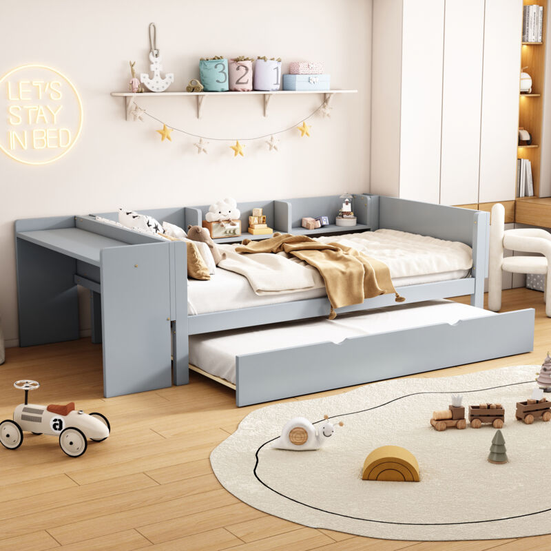 Ohjijinn - 90200cm, lit plat, avec lit gigogne, avec bureau, trois étagères sur le côté du lit, gris