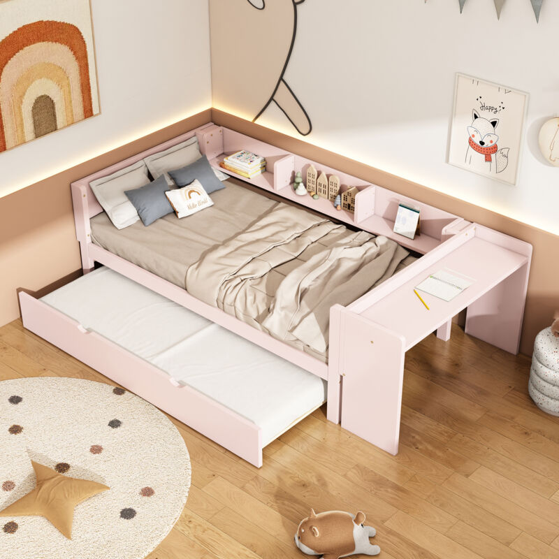 Okwish - 90200cm, lit plat, avec lit gigogne, avec bureau, trois étagères sur le côté du lit, rose
