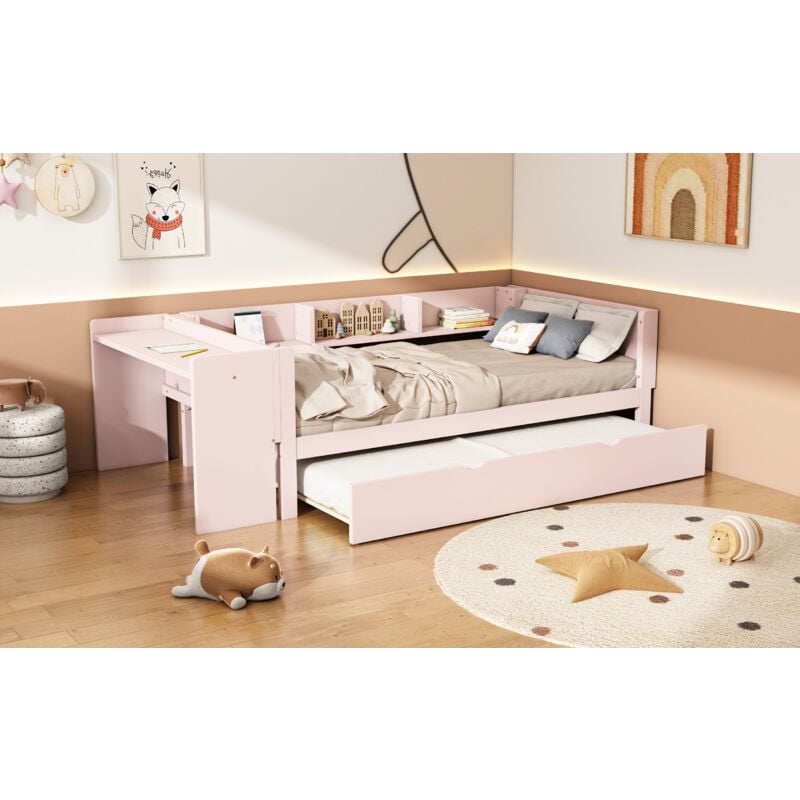 Redom - Lit gigogne, avec bureau, trois étagères sur le côté du lit, 90x200cm, en bois, rose