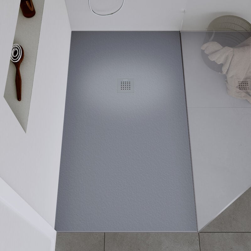 Receveur de douche fonte minérale Gris clair mat 140x80x2,5cm, Bac à douche antidérapant Salle de bain, Pente écoulement - Durabayas 80 cm, Gris