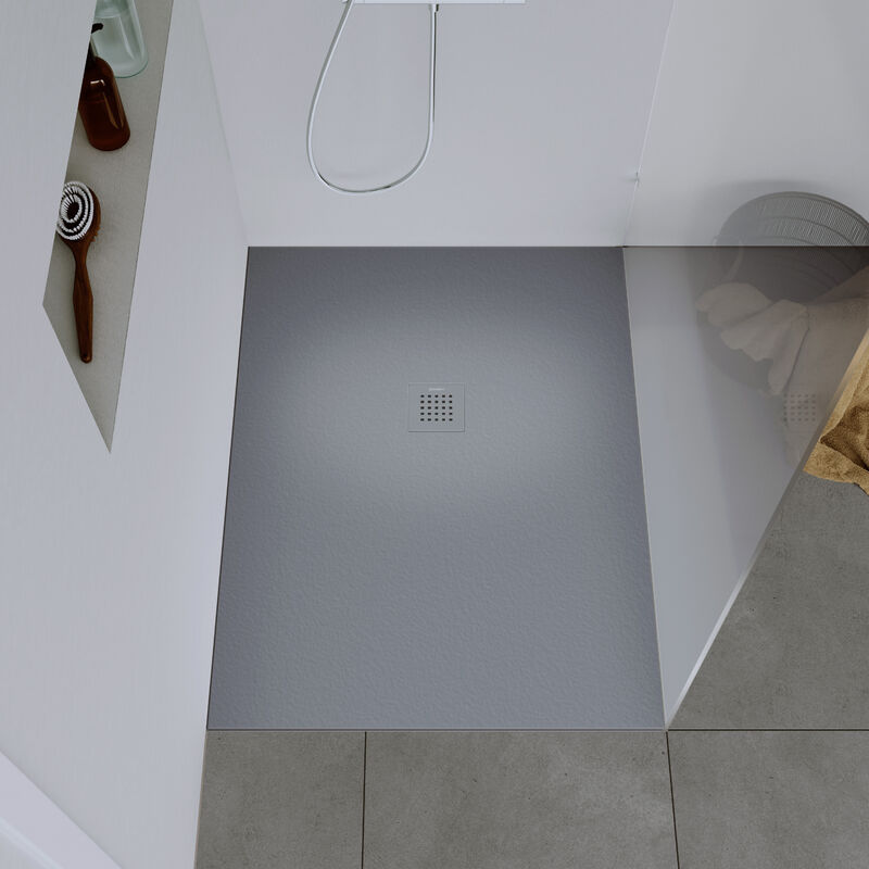 Receveur de douche fonte minérale, Bac à douche antidérapant Salle de bain, Pente écoulement - Gris clair mat - 100x90x2,5cm - Durabayas 90 cm, Gris