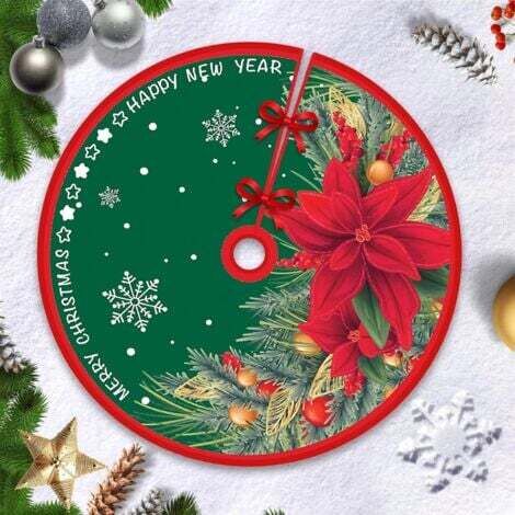 90cm Jupe Sapin de Noël, Couvre Pied Sapin Noel, Arbre De Noel Decoration, Joyeux Noël Jupe d'arbre Tapis pour Sapin pour Noël, Fleur Rouge