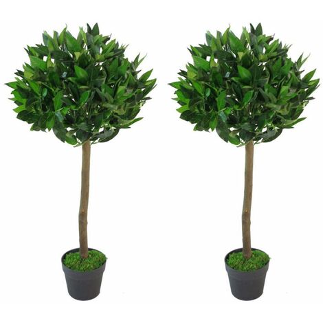 90cm Leaf Design UK Pair of Artificial Bay Topiary Ball Trees