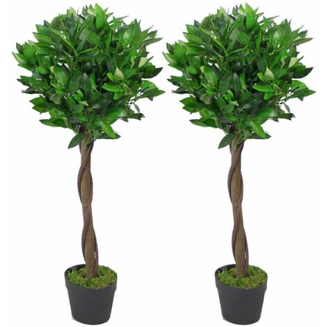90cm Leaf Design UK Pair of Artificial Bay Topiary Ball Trees, Green Twist