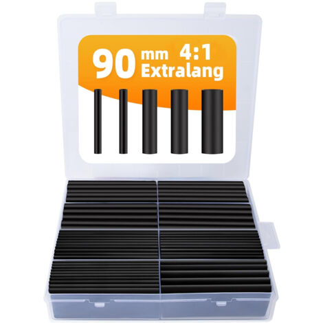 90mm Ultralange Wärmeschrumpf-Kit mit Klebstoff, 4:1 wasserdichter Wärmeschrumpf, Wärmeschrumpf, Isolierrohrklassifikation, 5 verschiedene Größen (schwarz, 100 Stück)