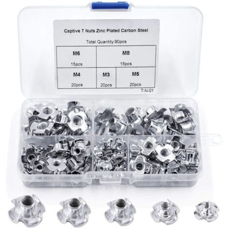 90pcs Ecrou en T 4 Griffes, Ecrous en T en Acier au Carbone, M3/M4/M5/M6/M8, Travail du Bois Meuble, Écrou Inserts en Acier au Carbone T