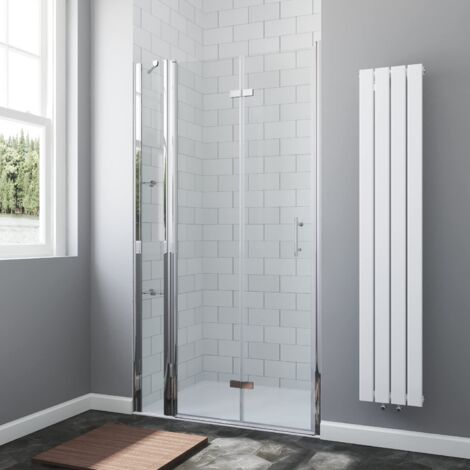90x197 cm Nischentür Faltbare Duschtür in Nische Dusche Nischenfalttür Falttür mit Festteil und Eckregalen Duschablagen aus 6 mm ESG Nano Echtglas