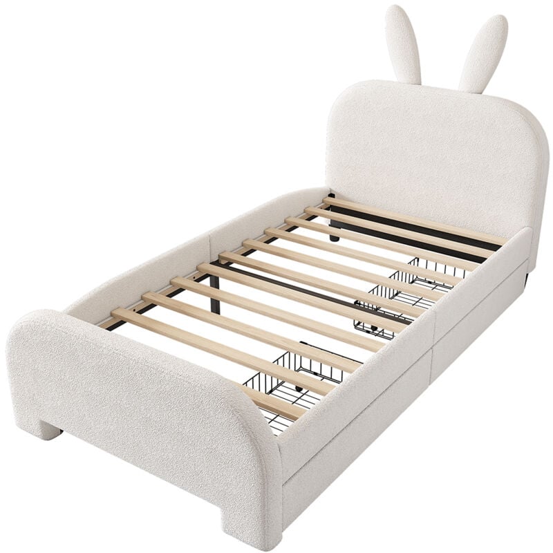 90x200 cm Flaches Bett, gepolstert, Schafwolle resistent, Cartoon Kaninchenform, zwei Schubladen-Blanc