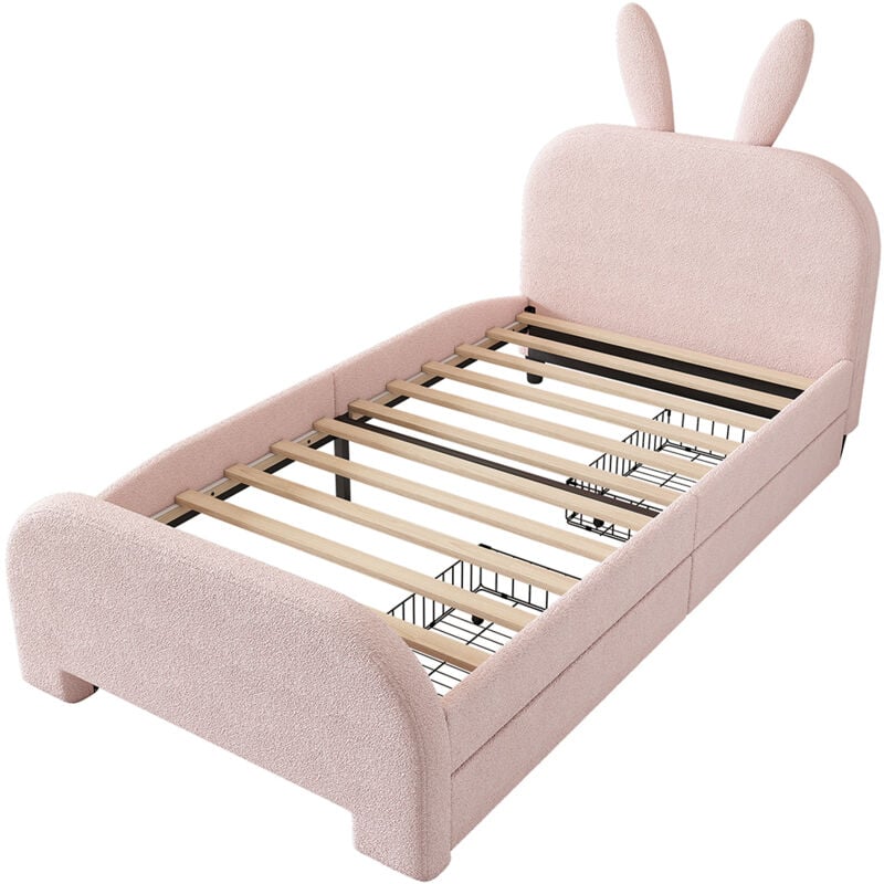 90x200 cm Flaches Bett, gepolstert, Schafwolle resistent, Cartoon Kaninchenform, zwei Schubladen-Rosa