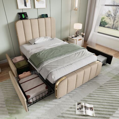 90x200 cm Letto singolo imbottito con finiture dorate e unità di ricarica USB Type-C, lino beige