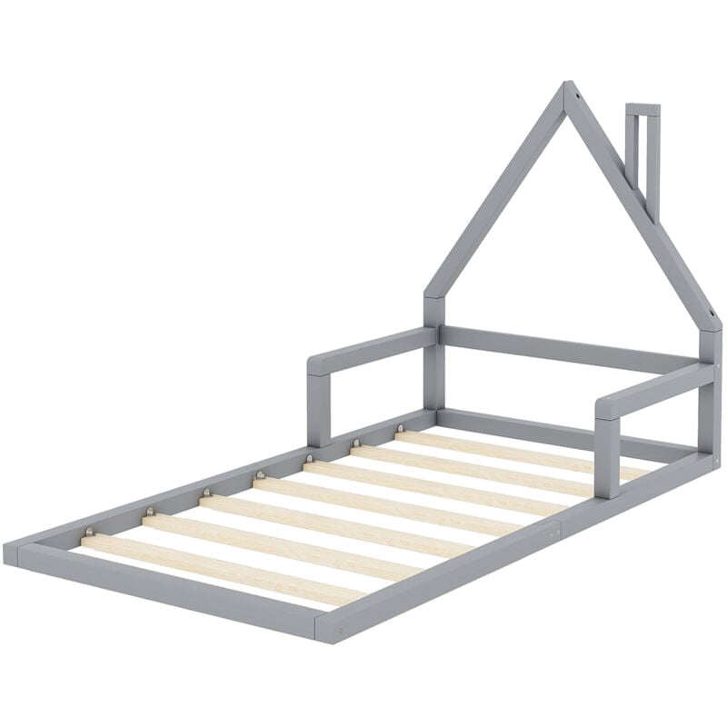 Gutent - 90x200 cm lit bébé, lit plat, forme de la maison, bois de pin solide, forme simple-Gris