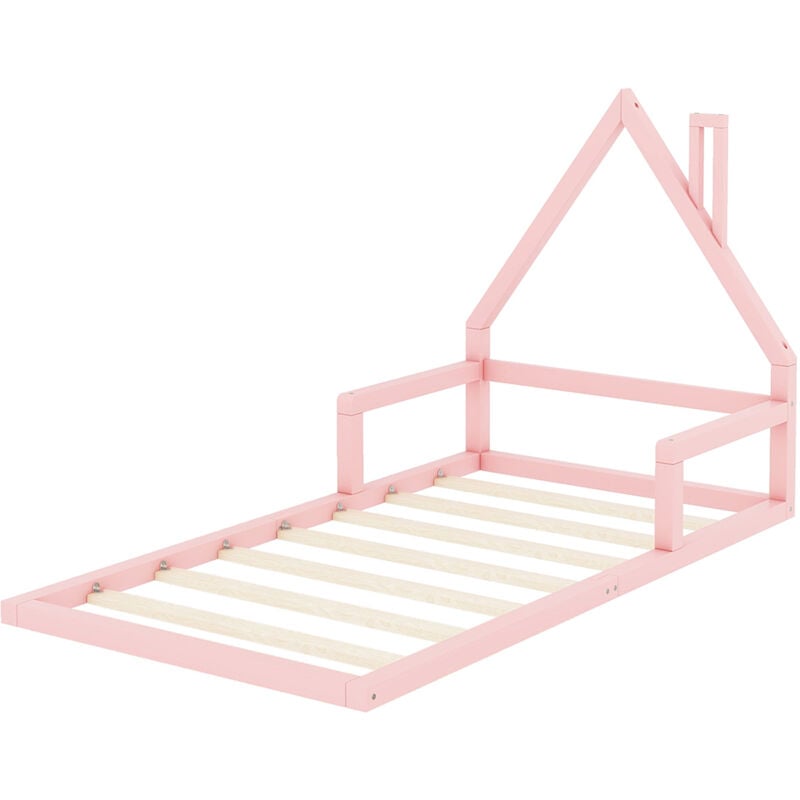 90x200 cm lit bébé, lit plat, forme de la maison, bois de pin solide, forme simple-Rosa