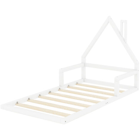 90x200 cm lit bébé, lit plat, forme de la maison, bois de pin solide, forme simple-Blanc