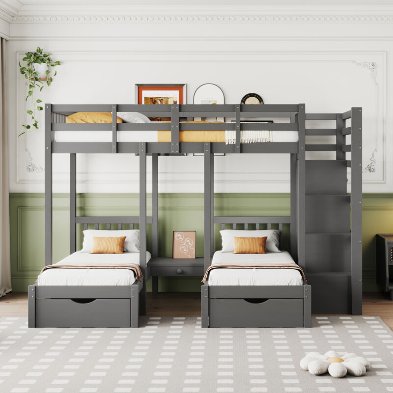 Gutent - 90x200 cm lit enfant en bois massif, lit superposé avec échelle de sécurité et table de nuit, gris