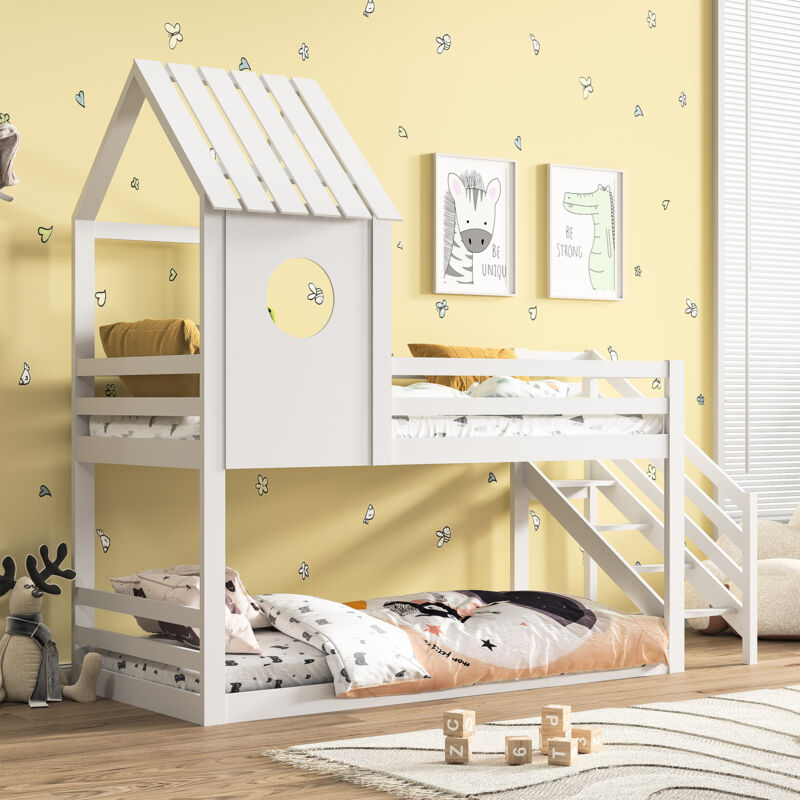 Sureh - 90 x 200 lit superposé pour enfants,lit cabine pour enfants avec décor de toit,lit loft à 2 places,lit loft en forme d'escalier,forme de