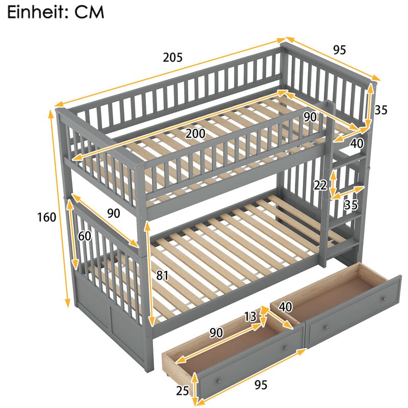 90x200cm lits superposés, lits d'enfant,lits fonctionnels, lits superposés avec tiroirs, lits convertibles, gris(eta : 9.5)