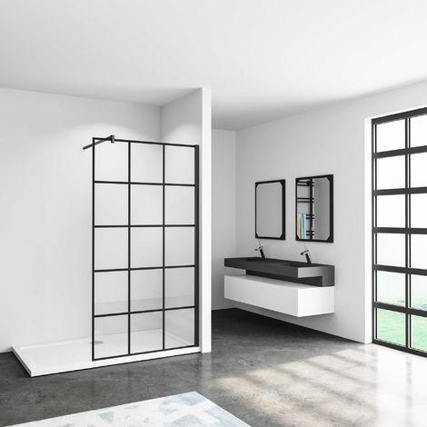 main image of "Mamparas de ducha pantalla panel fijo estilo industrial negro Mate con cuadrados cristal antical 8mm con Barra"