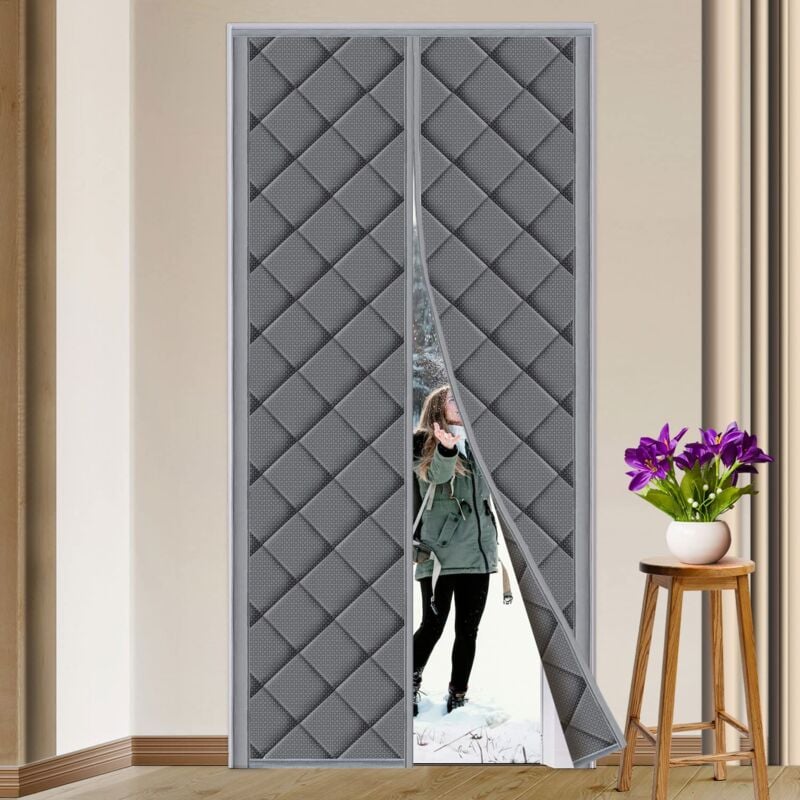 90x210cm Rideau Porte Isolation Thermique Magnétique Anti Froid, Obscurcissement, Insonorisation pour Balcon Salon Sous-sol Gris