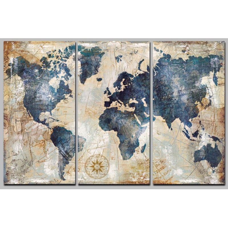 90x60 cm Impression sur toile intissee Carte du monde tableau 3parties tableaux decoration murale photo image artistique photographie graphique