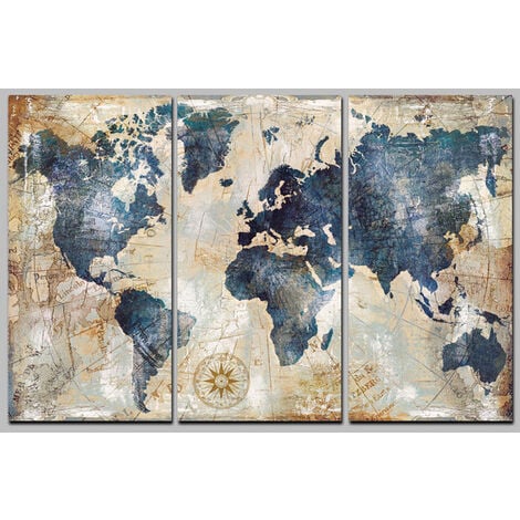 90x60 cm Impression sur toile intissee Carte du monde tableau 3parties tableaux decoration murale photo image artistique photographie graphique nautique la rose des vents