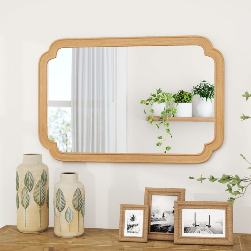 90x60CM Miroir Mural à Arche aux Coins Arrondis Miroir Mural Décoratif Rectangulaire Style Ferme Suspension Verticale ou Horizontale Naturel