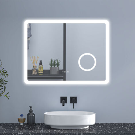90x70cm Illuminated Bathroom Mirror with Bluetooth Socket Optional 3 Colour Light Magnifier Anti-fog，Touch Switch