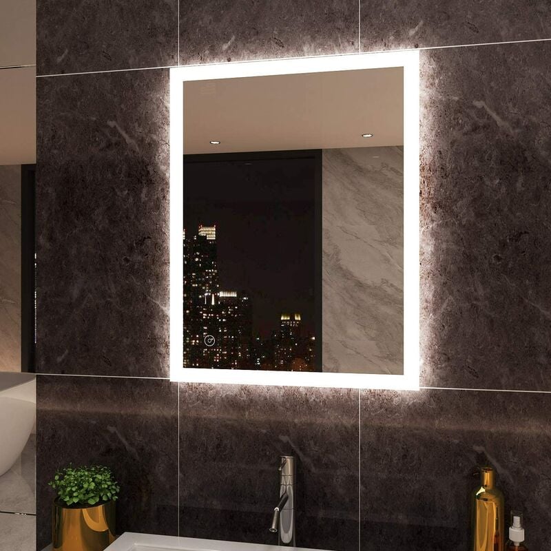 Led Miroir Salle de Bain avec Interrupteur Tactile Anti-buée 90×70cm Chambre Décoration Tour Mural Verre