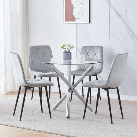 90x90 Round Table and Chairs, Round Glass Table with Chairs, Dining Table Set of 2/4 (Light Grey Rhombus Button, With 4 Chairs)