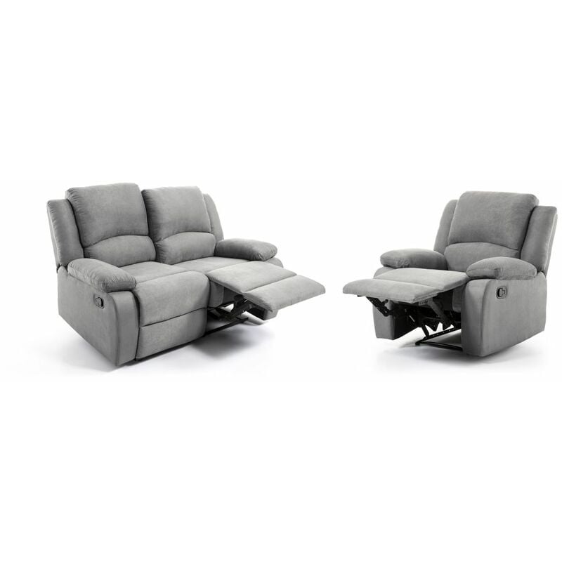 RELAXXO - Ensemble canapé relax manuel LEO 2 places + fauteuil manuel en microfibre - Gris