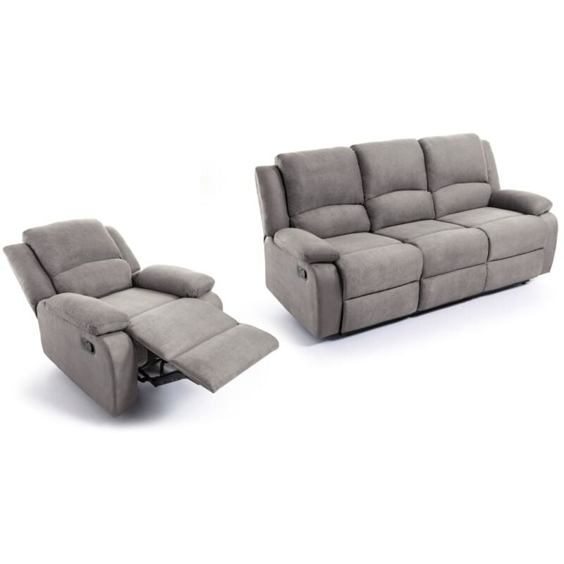 Loungitude - relaxxo - Ensemble canapé relax manuel leo 3 places + fauteuil manuel en microfibre - Gris