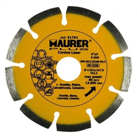91762 - DISCO DIAMANTATO CORONA LASER  SEGMENTATA 115X2,2X7 MM GRANITO PIETRA CALCESTRUZZO  - UMIDO SECCO