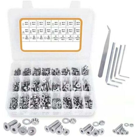 920 Pcs Vis à Tête Plate à Six Pans Creux et écrous et Rondelles Assortiment Set, M3 M4 M5 M6 Vis à Métaux Tête Fraisée Vis 304 en Acier inoxydable Boulons écrous Tête Kit(Vis à Tête Plate)
