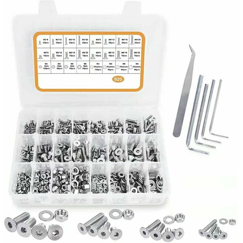 Hoopzi - 920PCS M3 M4 M5 M6 Stainless Steel Hex Button Socket Head Cable Bolts Screws with Nuts Assortment