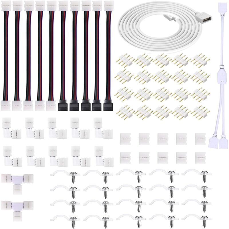 94 Pièces Kit de connecteur de lampe LED, connecteur LED RVB 10mm comprend 8 types de raccords de bande LED sans soudure, la plupart des pièces pour