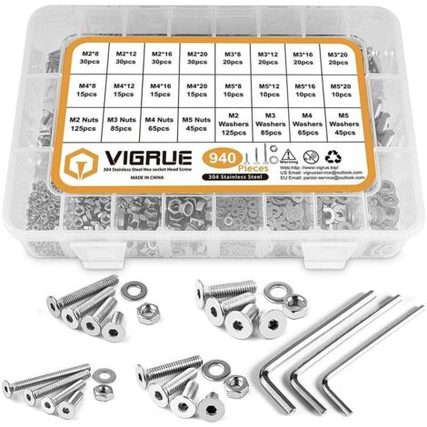 940Pièces M2 M3 M4 M5 304 en Acier inoxydable à tête plate avec Ecrous et Rondelles Visserie Vis avec Boîte de Rangement，