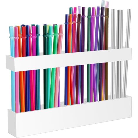 9.5” Large Acrylic Straw Holder for Cabinet Door - Reusable Tumbler Straw Organizer Storage, Small Kitchen Accessories Container, Ultra Sticky Cupboard Door Mounted (White)