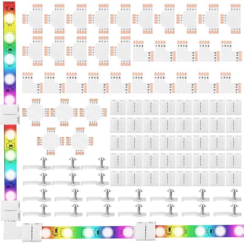 95 Pcs 4 Broches Set Connecteurs de Bande LED, Clips de Fixation à Vis, Connecteurs LED 4 Broches, Carte PCB Découpable en T, L et X pour Bandes