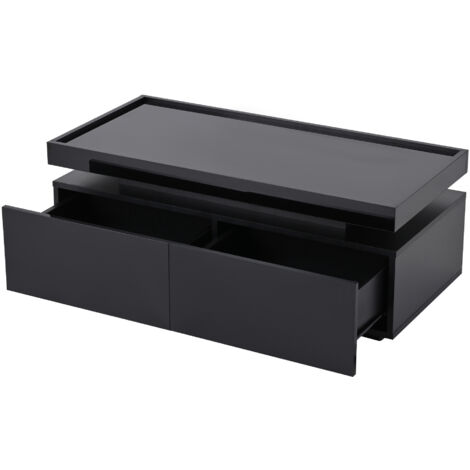 954535cm Couchtisch,Wohnzimmertisch mit LED, kaffeetisch mit 2 Schubladen, Hochglanz Sofatisch,moderner minimalistischer Tisch,Beistelltisch mit geometrischem Design,Schwarz