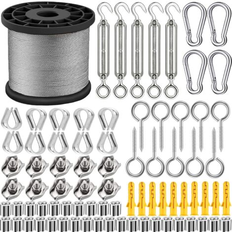 95PCS Corde en Acier Inoxydable à Suspendre Kit/Kit de câble de jardin/câble d'image/Kit de clôture/Câble métallique robuste en acier inoxydable 304, tendeur M5 de fil et crochet (50MM/165FT-1)