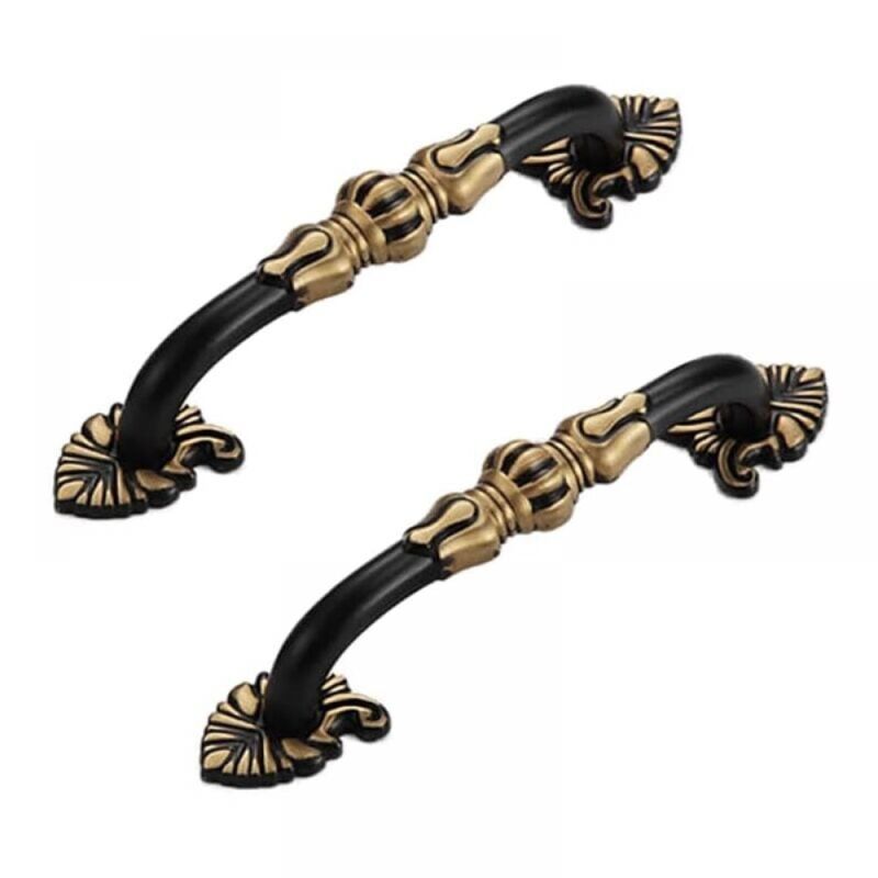 128 mm, noir) Lot de 2 poignées de meuble vintage en laiton - Motif floral antique - En métal noir et doré - Pour armoire de cuisine, tiroir, armoire
