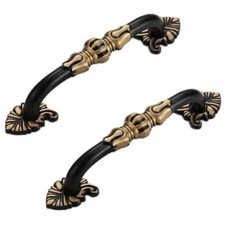 (96 mm, noir) Lot de 2 poignées de meuble vintage en laiton - Motif floral antique - En métal noir et doré - Pour armoire de cuisine, tiroir, armoire