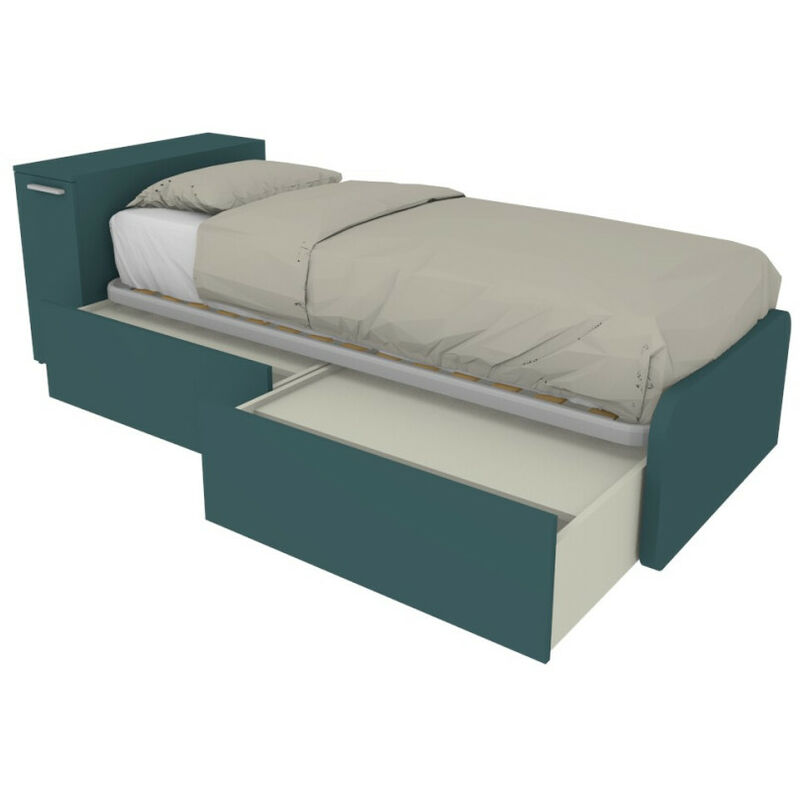 964CK - Lit simple 80x190 avec meuble de rangement en tête de lit et tiroirs coulissants - Verde Petrolio - Verde Petrolio