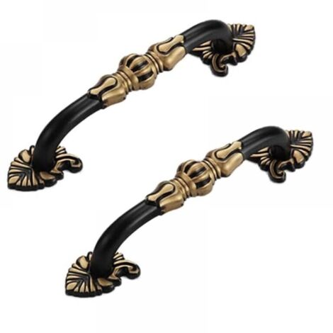 (96mm, Black) Set of 2 Vintage Brass Furniture Handles – Antique Floral Pattern – Black and Gold Metal – For Kitchen Cabinets, Drawers, Cupboards