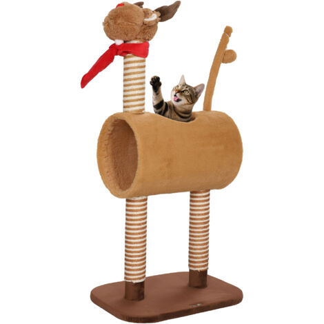 98cm Deer-Designed Cat Tree with Scratching Posts, Toy Ball, Tunnel, Brown