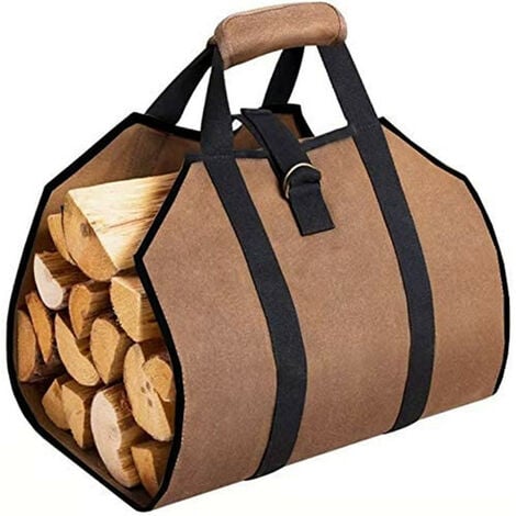 AOUGO 99x45.7cm Toile Sac à bûche Cheminée Sac de chauffage Imperméable Transporteur de bois extérieur rangement pour le bois de avec anti-dérapantes Solide poignées Sangles Porte-bûches marron