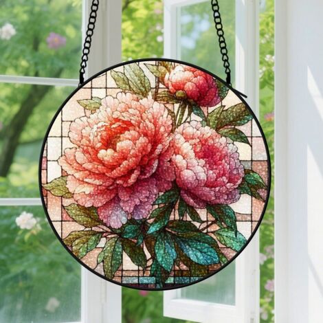 9cm Suspension Vitrail pour Fenêtre - Accroche-Soleil Floral Vif pour Portail Jardin Terrasse Décoration Noël Fête des Mères Anniversaire Cadeaux pour Femmes, Hommes, Mère, Grand-Mère, Tante et Amie